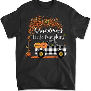 Personalized Grandma Little’s Pumpkins T-Shirt Grandma Custom with Kids Name T-Shirt
