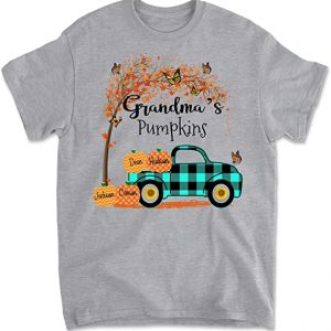 Personalized Grandma Little’s Pumpkins T-Shirt, Grandma Custom with Kids Name T-Shirts