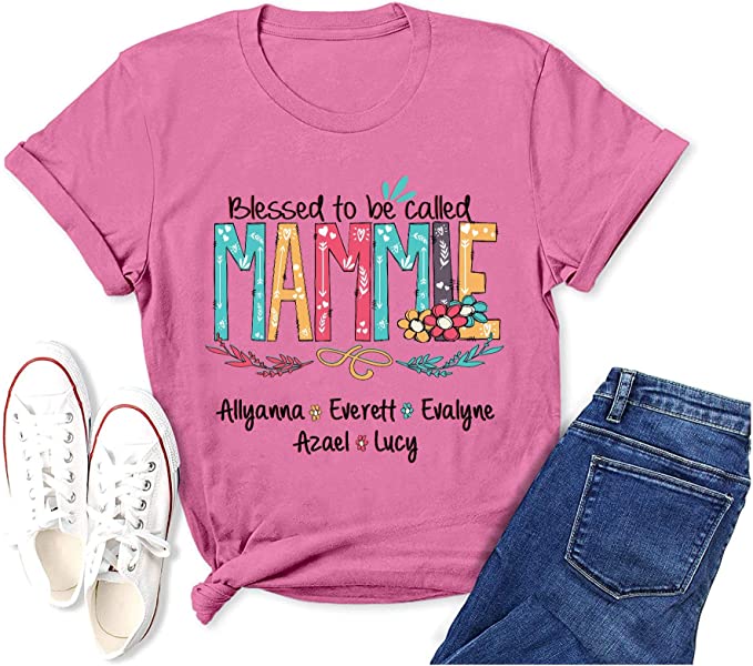 Personalized T Shirt – Blessed to be Called Mammie with Grandkids Name Flower Art Shirt, Cute Grandma Shirt for Women, Custom Mothers Day Shirt, for Grandma, Nana, Mimi, Mom