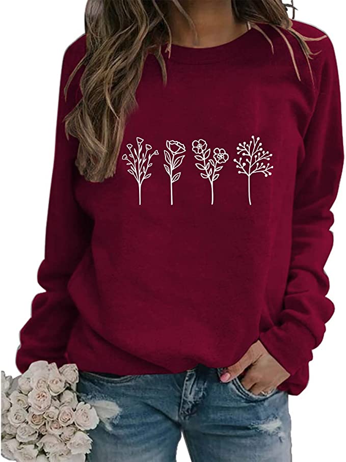 Flower Sweatshirt, Vintage Minimalistic Floral Crewneck Sweatshirt, Plants Graphic Sweatshirt, Womens Pullovers