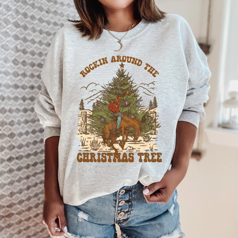 Rockin Around The Christmas Tree Sweatshirt, Retro Christmas Western Shirt, Cowboy Christmas Western Sweater, Winter Clothing, Merry Xmas Crew, Tshirt, Hoodie, Sweatshirt, Long Sleeve, Vneck
