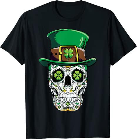 St.Patrick‘s Day Leprechaun Shamrock Skull Woman T-Shirt Sweatshirt Hoodie Tanktop for Men Women Kids Black