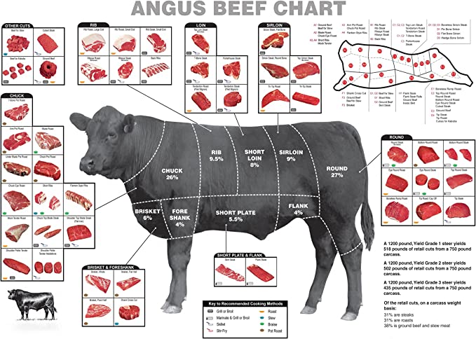 Decor Print Store Laminated Poster: 24×30 Angus Beef Cuts Butcher Charts How To Cook Photo Picture Artwork Art Print Wall Hanging