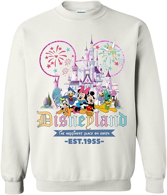 Mickey Happiest Place On Earth Est 1955 California Sweatshirt, Mickey and Friends Sweatshirt, Castle Est 1995 Sweatshirt White