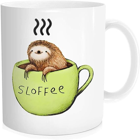Funny Coffee Mug Tea Cup for Men Women – Cute Sloth Sloffee – Fathers Day Mothers Day Birthday Halloween Christmas for Dad Mom Friends Wife Husband Boy Girl, White Fine-Bone Ceramic 11 oz