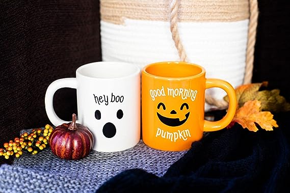 Pearhead Good Morning Pumpkin and Hey Boo Mug Set, Halloween Ceramic Coffee Mugs, Matching Mug Set, Fall Home Décor Accessories, 13oz
