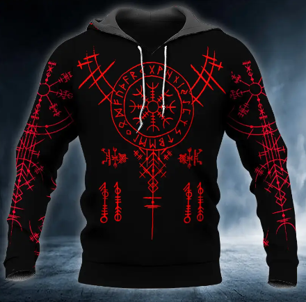 vectique Vegvisir Viking Compass Red Tattoo 3D Viking Hoodie Long Sleeves Fleece Size 3D Print Design Native American Pattern For Men And Women