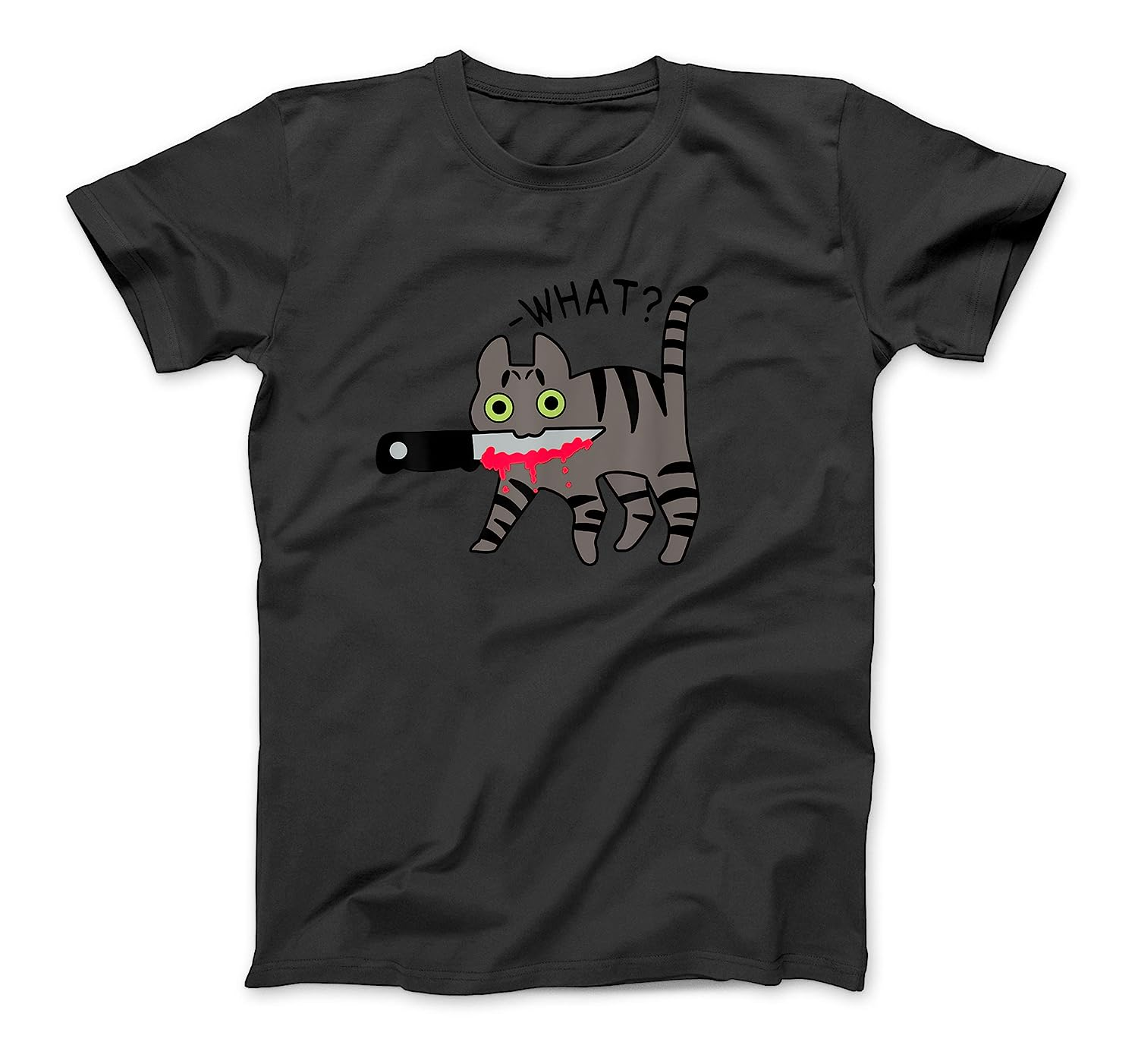 Cat What? Murderous Grey Tabby Cat with Knife Halloween T-Shirt Sweatshirt Hoodie Tanktop for Men Women Kids