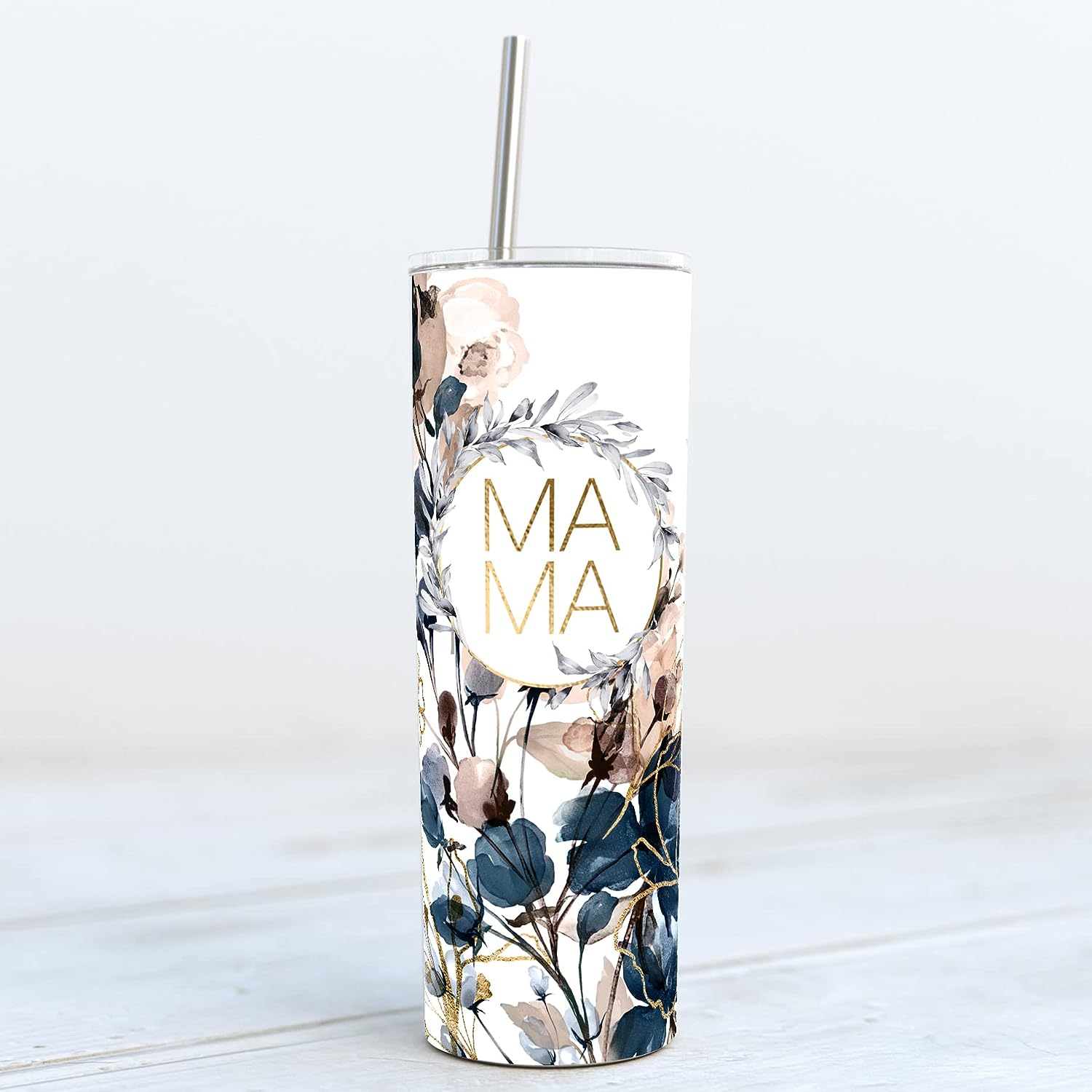 YouNique Designs Mama Coffee Tumbler with Straw and Lid, 20 Oz, Insulated Stainless Steel Skinny Tumbler for Women, Flower Mom Tea Tumbler, Mom Life Water Tumbler Cup
