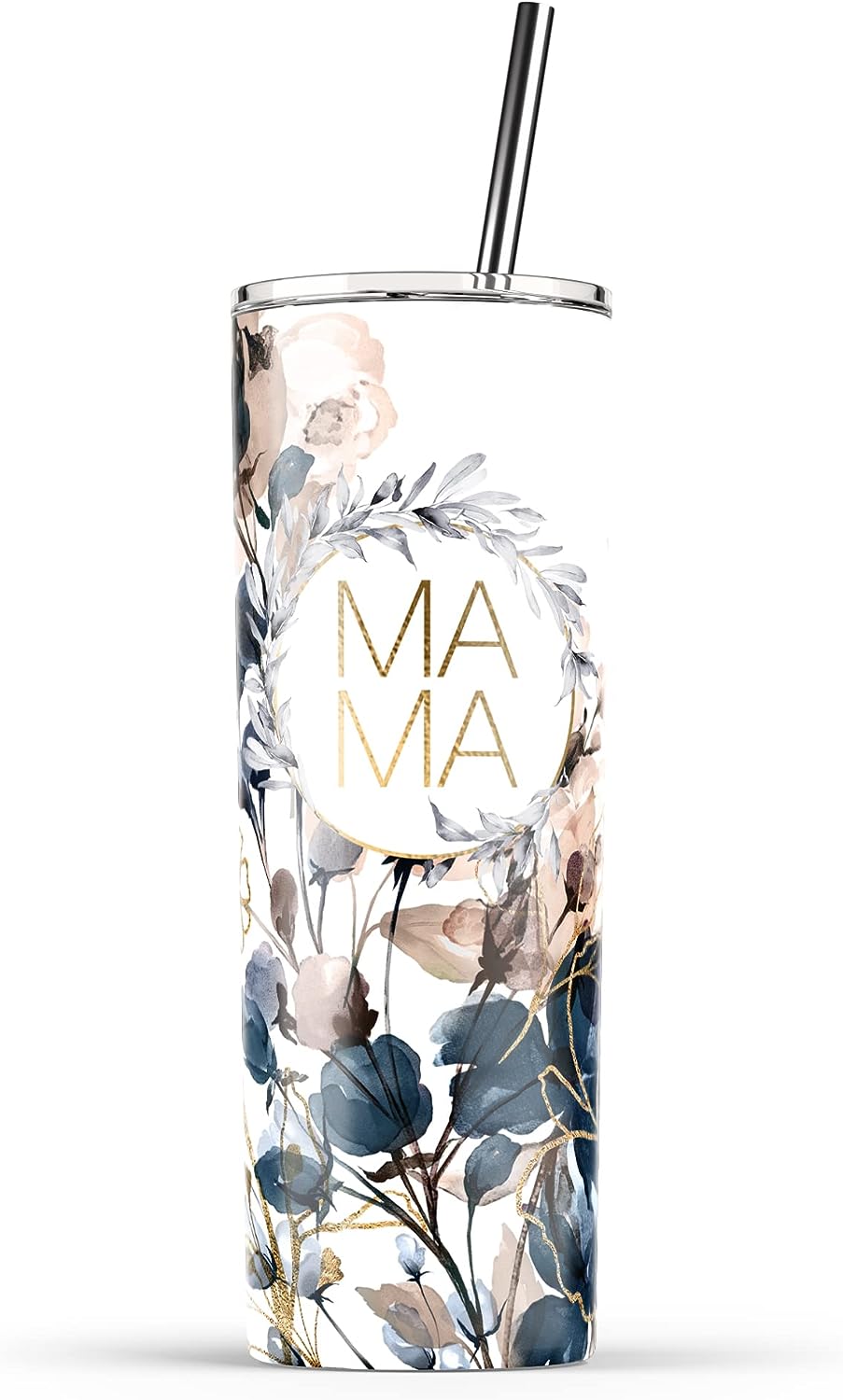 YouNique Designs Mama Coffee Tumbler with Straw and Lid, 20 Oz, Insulated Stainless Steel Skinny Tumbler for Women, Flower Mom Tea Tumbler, Mom Life Water Tumbler Cup