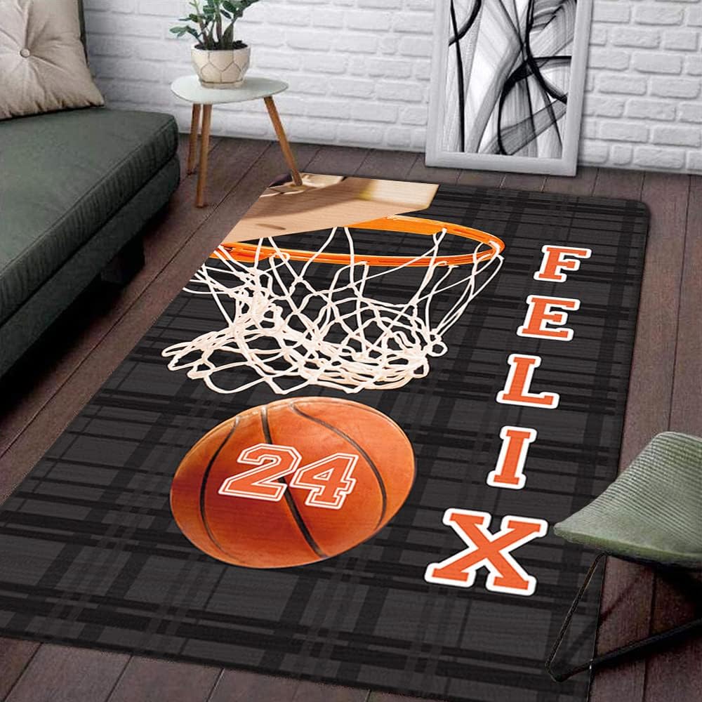 Satigi Personalized Amazing Basketball Hoop Orange Black with Name Rug, Rug Sports, Boys Basketball Room Decor Carpet for Living Room Bedroom Patio Sports Room Decor 2×3 3×5 4×6 5×8 Rug
