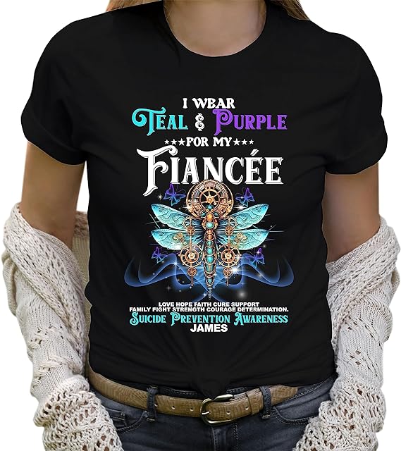Customized My Fiancée Shirt Butterfly Heart Teal and Purple Shirt Suicide Prevention Awareness T-Shirt World Suicide Prevention Day in September Against Anxiety Depression Tees Tops