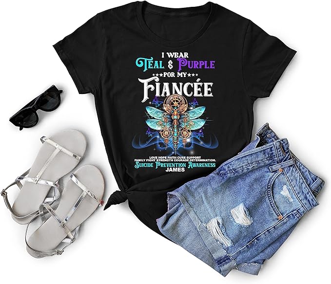 Customized My Fiancée Shirt Butterfly Heart Teal and Purple Shirt Suicide Prevention Awareness T-Shirt World Suicide Prevention Day in September Against Anxiety Depression Tees Tops