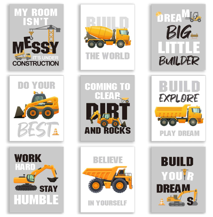 Outus Set of 9 Construction Trucks Inspirational Quote Art Print Transport Vehicle Motivational Phrases Wall Art Poster Nursery or Kids Room Decoration Unframed, 8 x 10 Inch