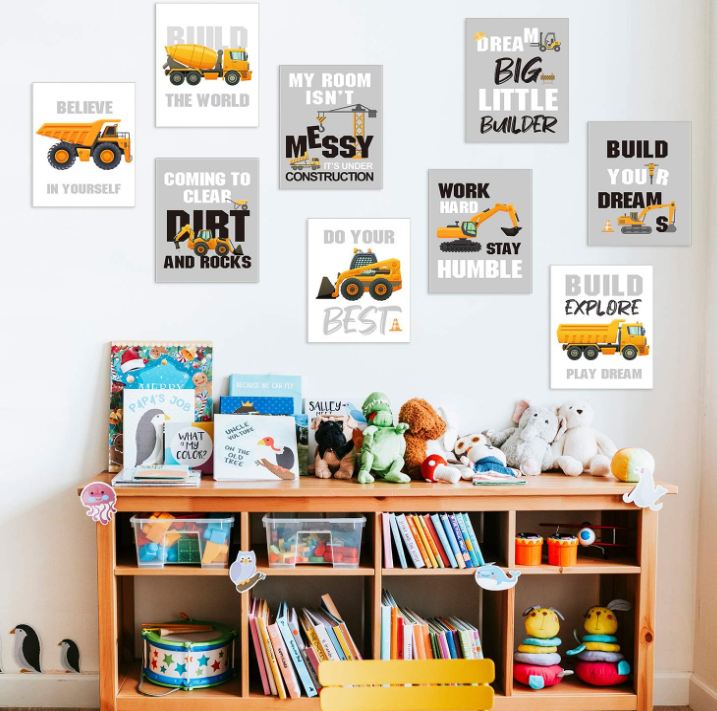 Outus Set of 9 Construction Trucks Inspirational Quote Art Print Transport Vehicle Motivational Phrases Wall Art Poster Nursery or Kids Room Decoration Unframed, 8 x 10 Inch