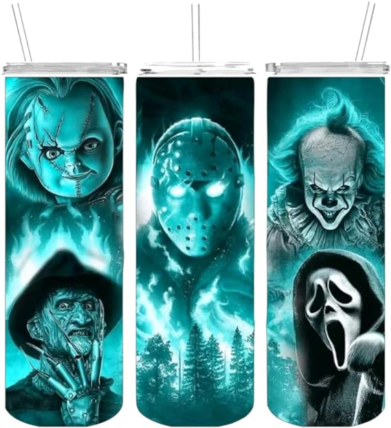 Stainless Steel Tumbler Double Wall with Lid Straw 20oz Glow in the Dark GLowing Horror Movie characters