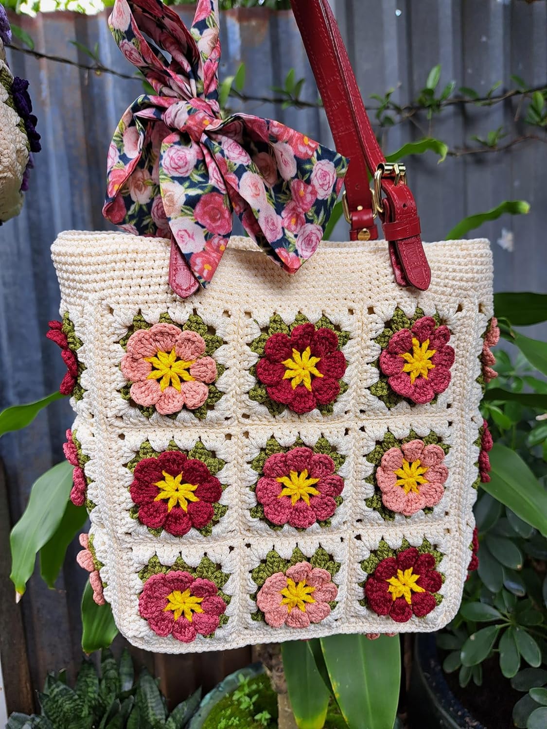Tote With Handles, Wool Crochet Tote, Handmade Decor Flower Tote, Ideal Gift For Her