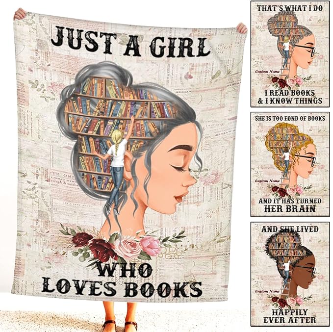 Personalized Easily Distracted by Books Blanket Throw,Books and Girl Reading Blanket Bedding Halloween Blanket for Bookworm Throw Bithday Gift (Book Chibi 2, Small/Medium/Large/X-Large)