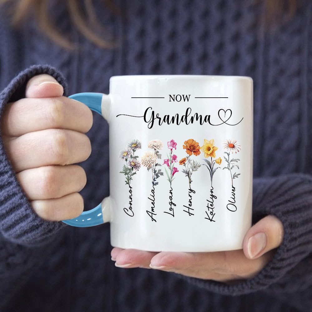 First Mom Now Grandma Ceramic Mug, Custom Nana Birth Month Flower Mug, Grandma’s Garden, Kids Birthflower Cup, Mother’s Day Gift For Grandma