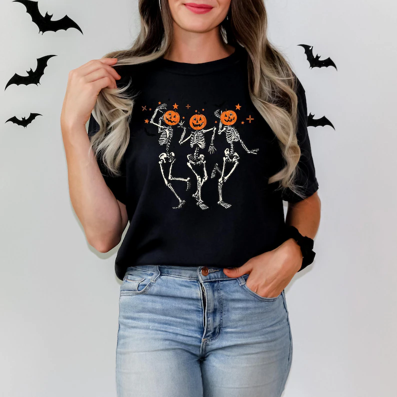 Comfort Colors Dancing Skeleton Pumpkin TShirt, Retro Halloween Women’s Shirt, Funny Fall Halloween Party Shirt, Spooky Season Skeleton Tee, For Men , For Women