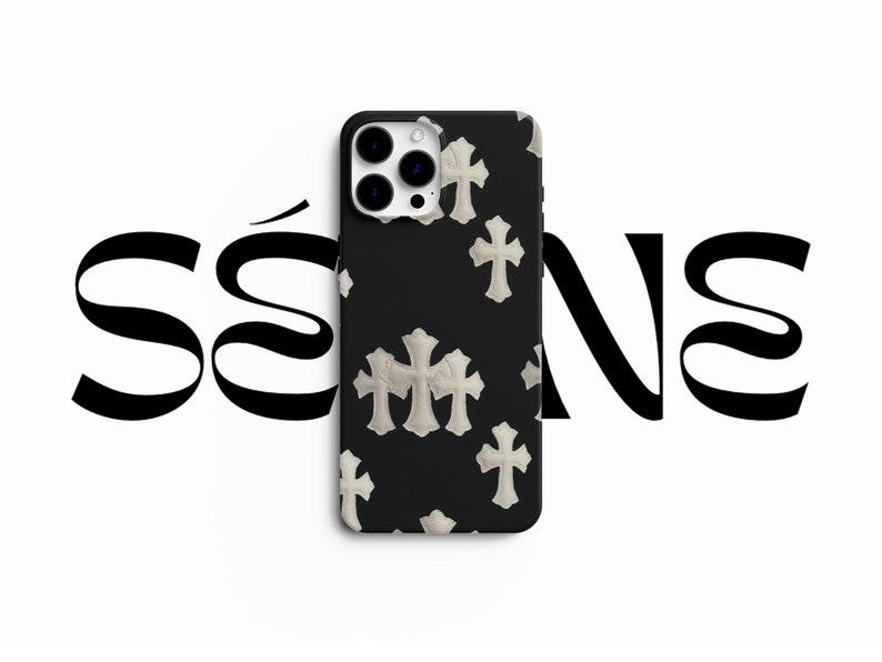 Y.2.K Chrome Gothic Cross Black & White Fabric Style Print Strong Phone Case | Trendy Phone Cover for iPhone 16 Promax, Samsung, Pixel