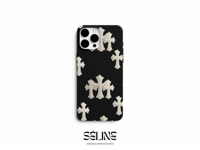 Y.2.K Chrome Gothic Cross Black & White Fabric Style Print Strong Phone Case | Trendy Phone Cover for iPhone 16 Promax, Samsung, Pixel