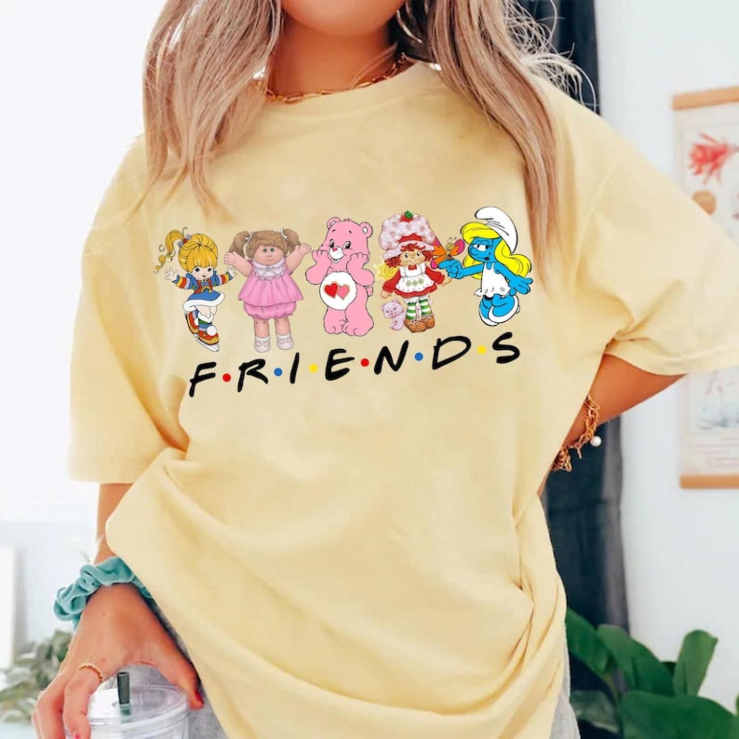 Cartoon Friends Nostalgia Shirt, 80’s Cartoon Characters Rainbow Shirt, Care Bears And Strawberry Tee