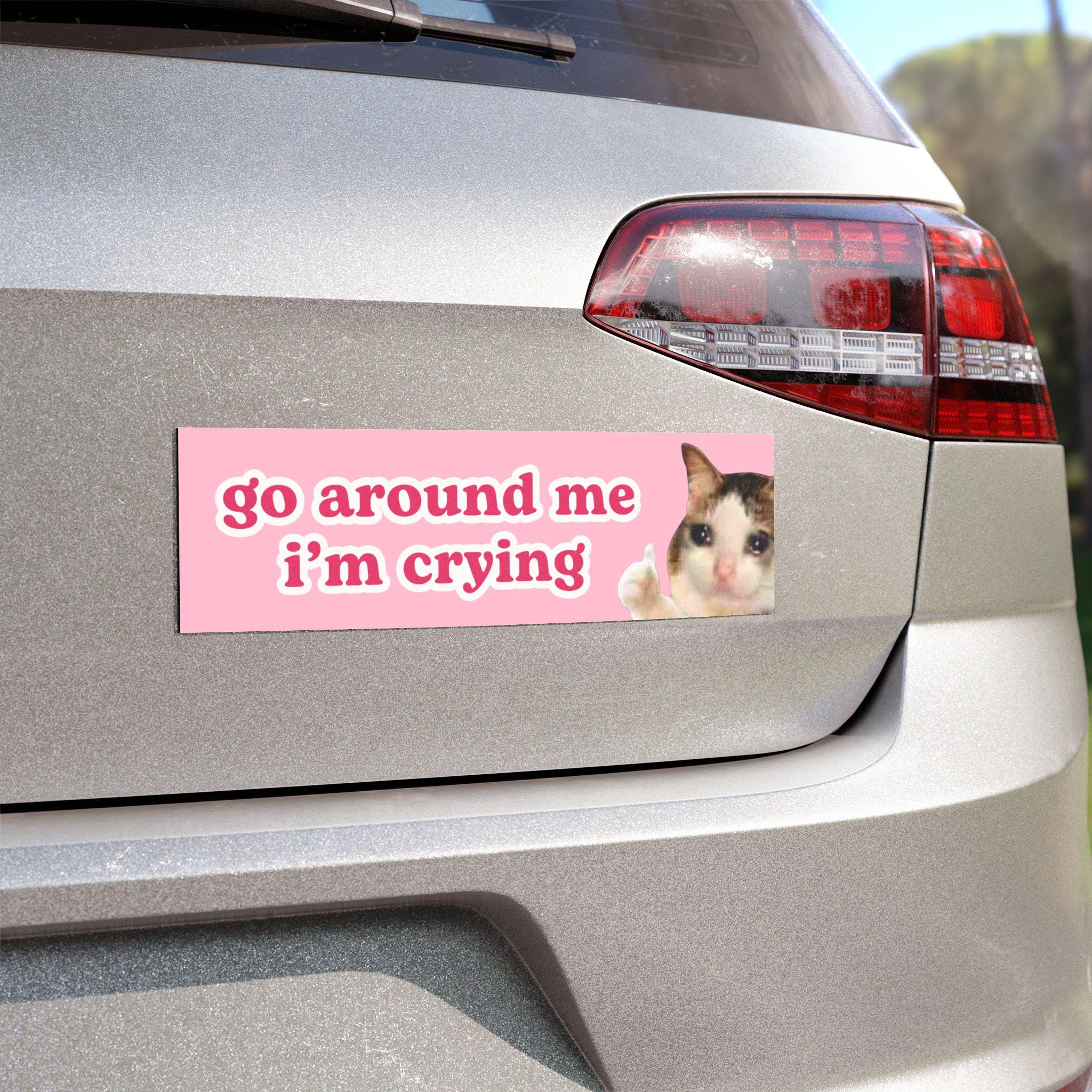 Go Around Me I’m Crying | Cat Meme Car Bumper MAGNET | Funny, Cute Pink Kawaii, New Driver, Magnetic Car Decal Accessory | Vinyl Car Magnet