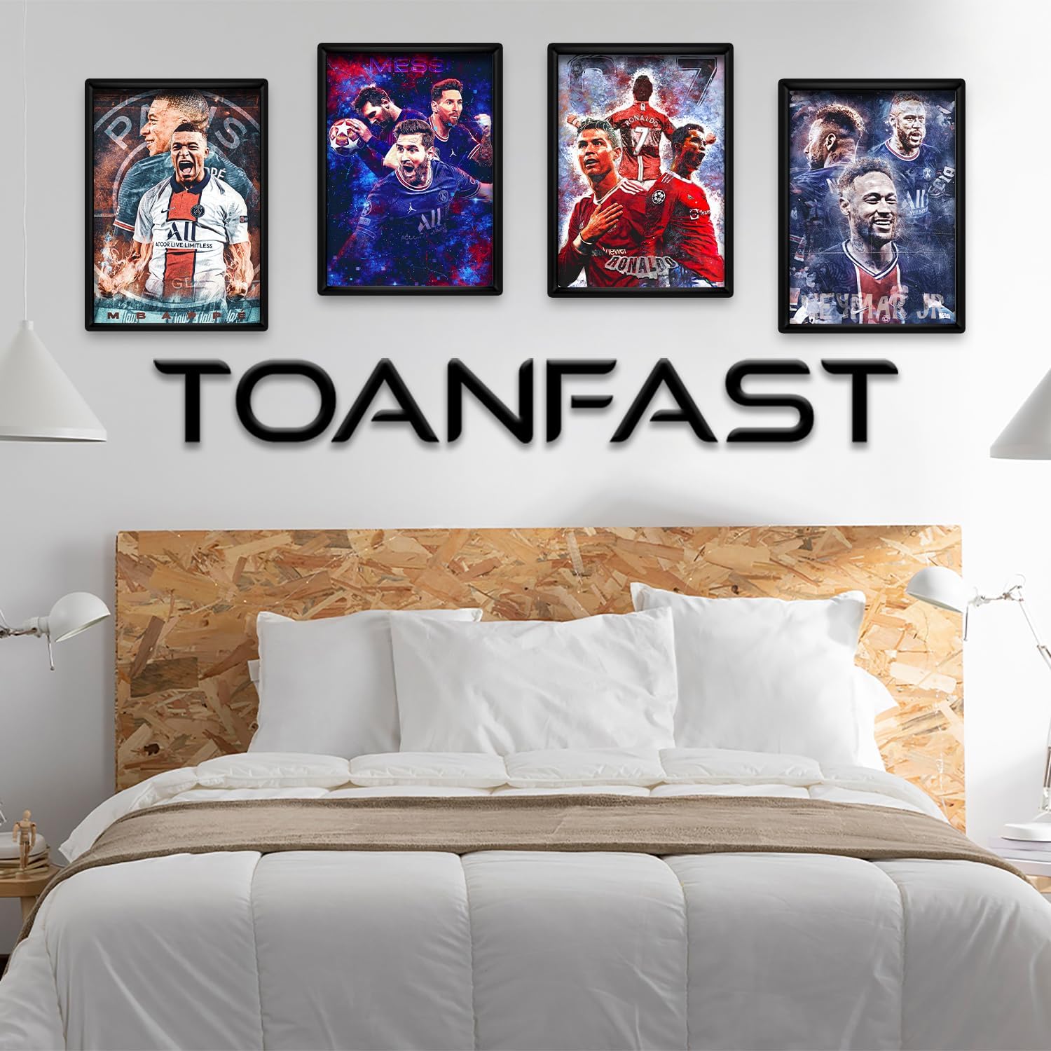 Famous Football Superstar Ronaldo, Messi and Neymar And Mbape Set of 4 Poster Prints Wall Decor Bedroom for Living Room Sport Room Gift for Fan Football Size 12×18 Inch (BLACK FRAME)