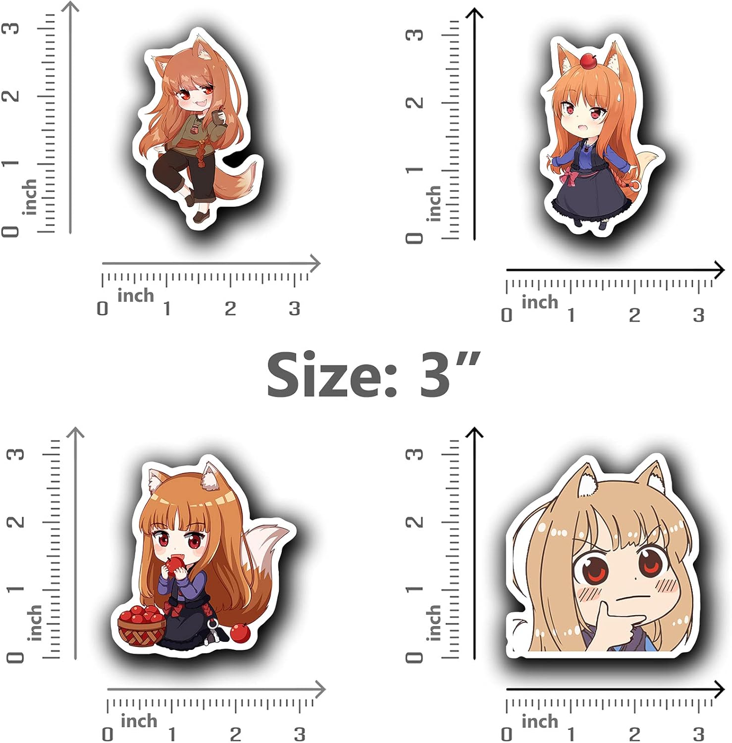 Alexiss Spice and Wolf Holo Wolf Chibi Sticker for Phone, Laptop, Skateboard, Car Colorful Sticker Pack 4 Pcs Size 3inch