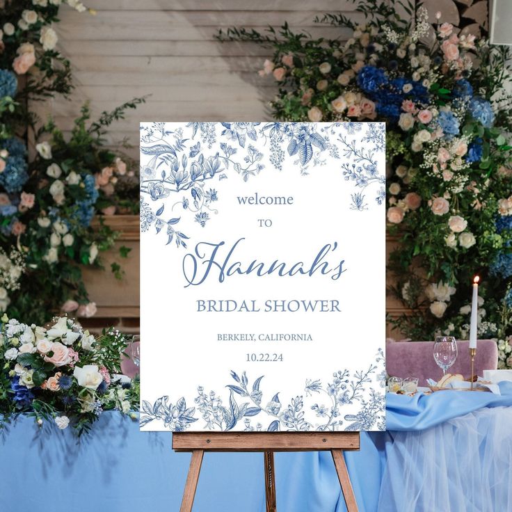 Editable Blue Flower Bridal Shower Welcome Sign, Bridal Shower Banner Decoration, Personalized Bridal Shower Decoration On Stand, Bridal Shower Welcome Sign Poster For Both Outdoor And Indoor
