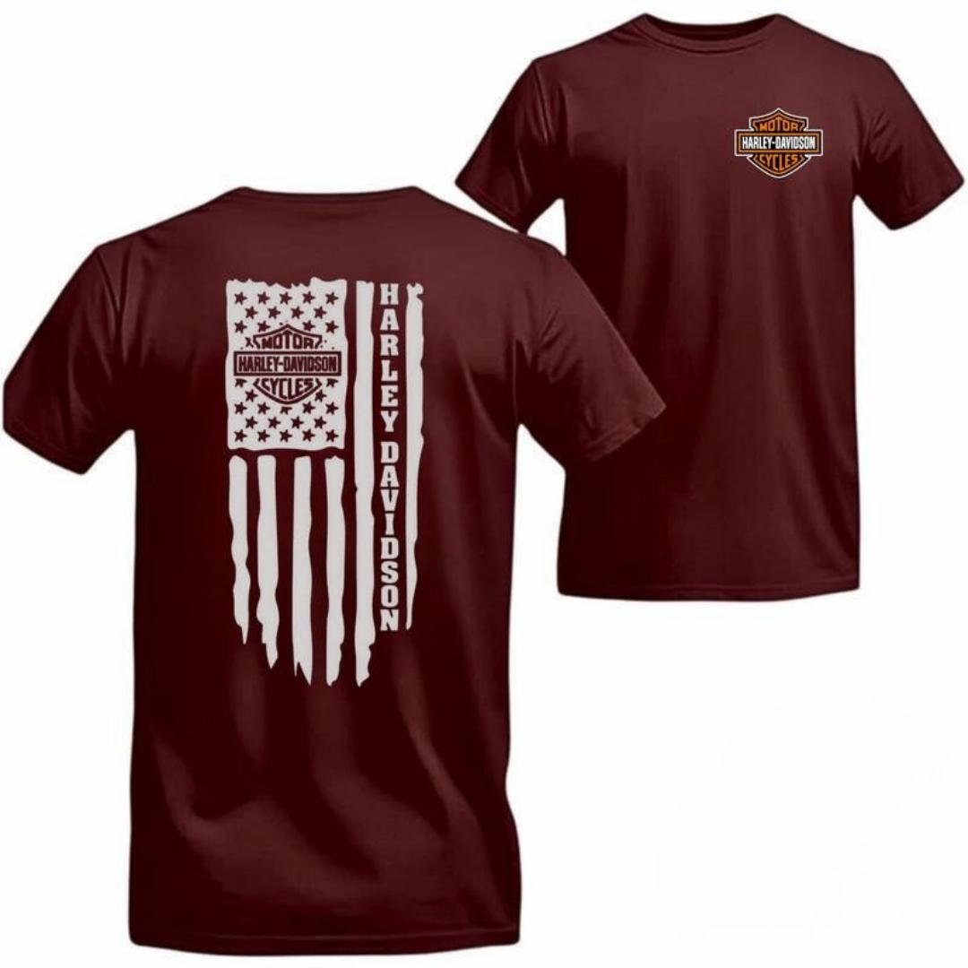 Patriotic Harley-Davidson T-Shirt For Men, American Flag Print With Vertical Logo, Casual Biker Shirt For USA Motorcycle Lovers, Vintage Cream Tee For Riders Menswear Top
