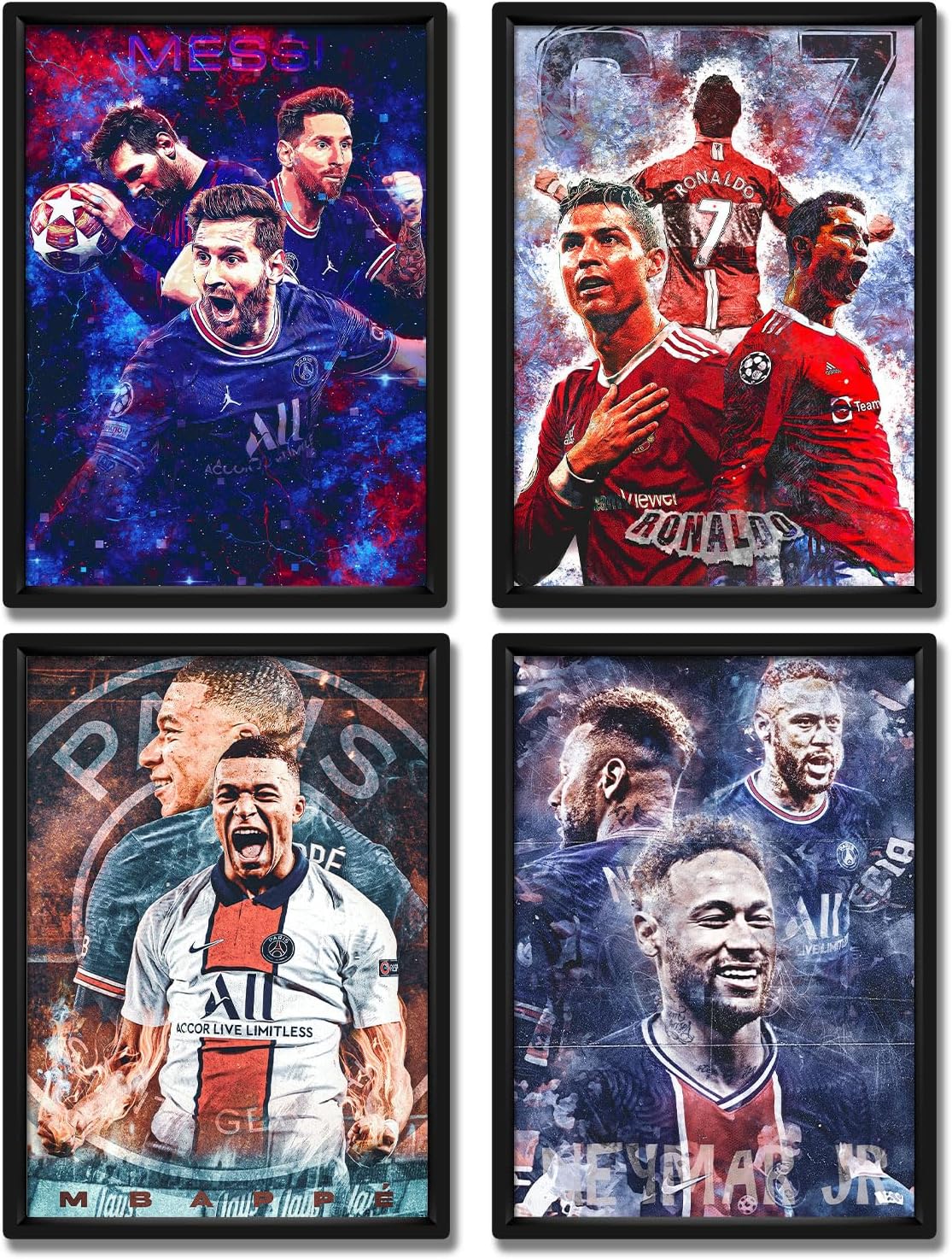 Famous Football Superstar Ronaldo, Messi and Neymar And Mbape Set of 4 Poster Prints Wall Decor Bedroom for Living Room Sport Room Gift for Fan Football Size 12×18 Inch (BLACK FRAME)