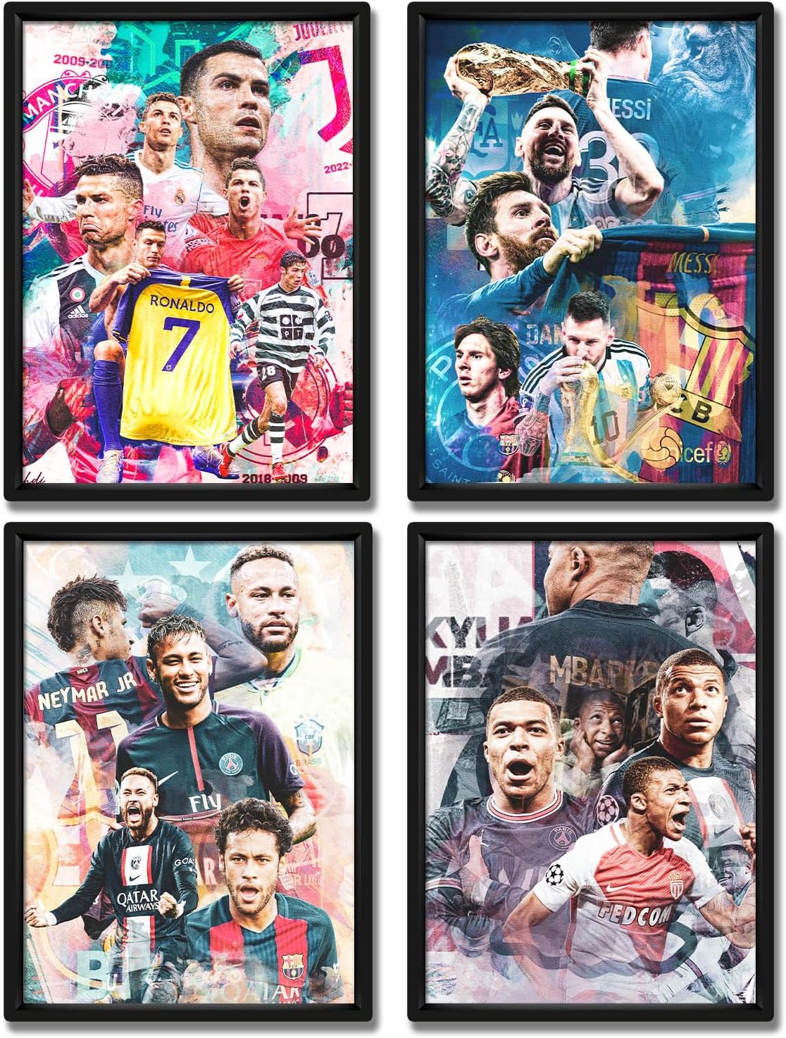 Famous Football Superstar Messi, Ronaldor, Naymar And Mbape Set of 4 Poster Black Frame Prints Wall Decor Bedroom for Living Room Sport Room Gift for Fan Football Size 12×18 INCH (BLACK FRAME)