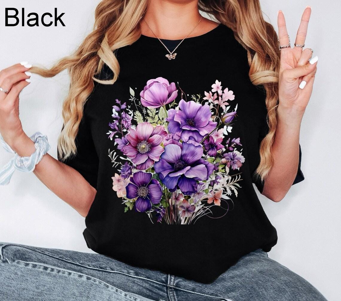 Comfort Colors Vintage Pressed Flowers Shirt,Boho Cottagecore Tshirt Botanical Purple Floral Tee Wildflowers Top Anemones Gift Garden Lover