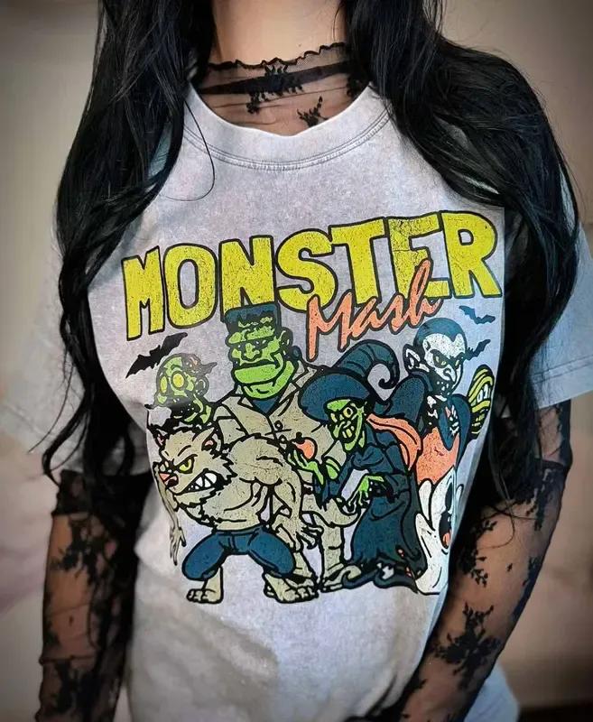 Monster Mash Vintage 90s Acid Wash Unisex Tshirt in Multiple Colors – Autumn Casual Halloween Cotton Loose-fitting Top for Women – Womenswear Retro Style Oversized Soft Breathable Flannel Tee..