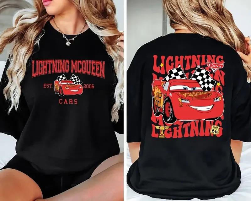 Retro Two Side McQueen Cars Shirt, Cars Movie T-Shirt, Lightning McQueen Shirt, Piston Cup Champion Shirt, Lightning McQueen Number Shirt Casual Top Womenswear
