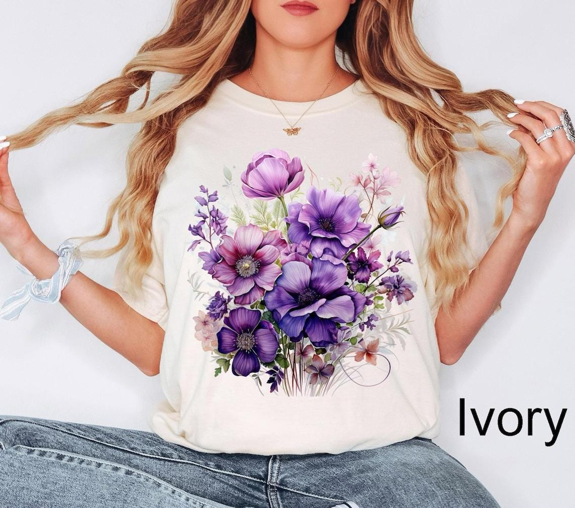 Comfort Colors Vintage Pressed Flowers Shirt,Boho Cottagecore Tshirt Botanical Purple Floral Tee Wildflowers Top Anemones Gift Garden Lover