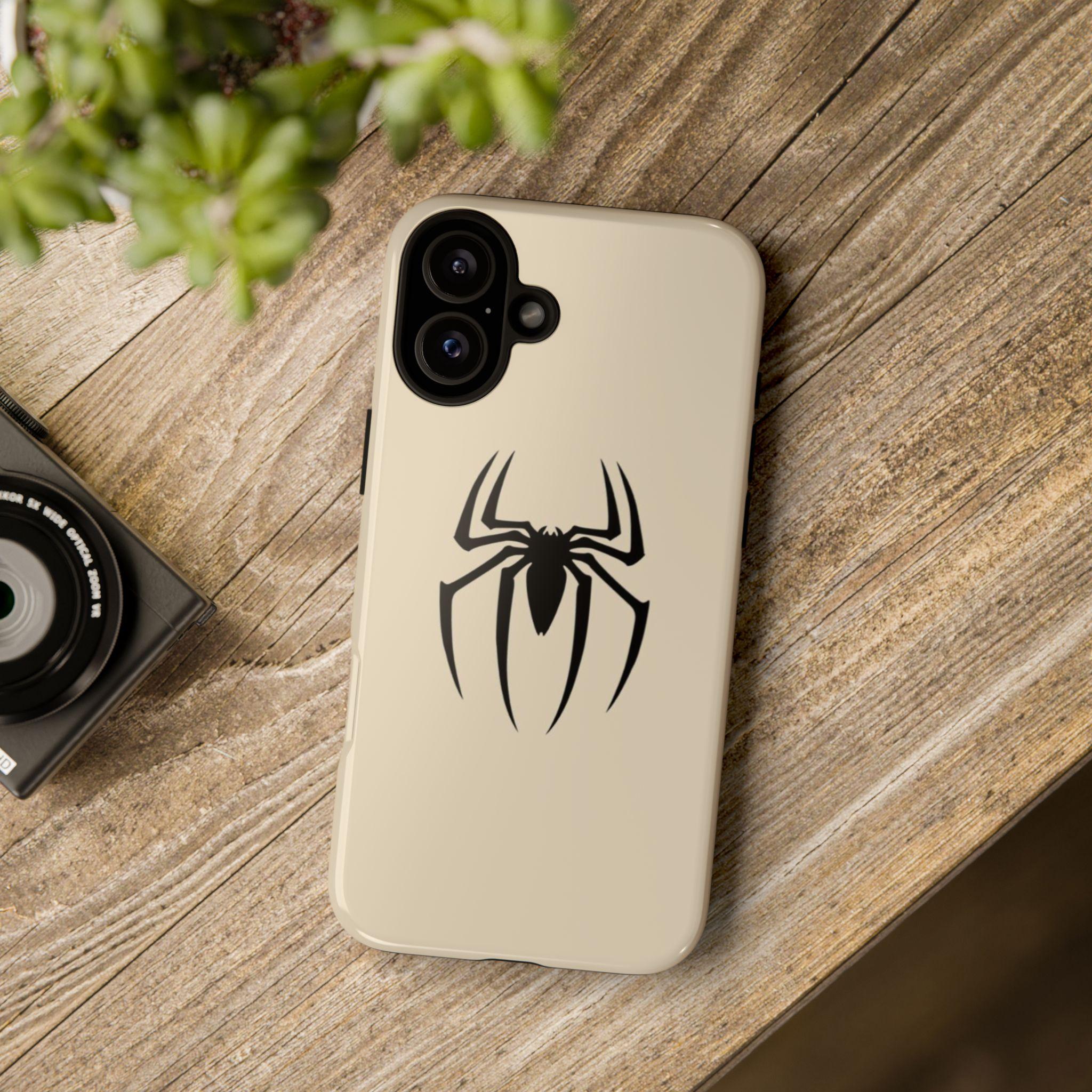 Minimalist Phone Case Featuring Bold Black Spider Emblem on Beige Background, Spider Tough Phone Case, Gift for him, Basic Cover