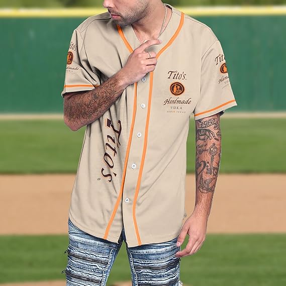 Zynbase Vodka Baseball Jersey Shirt, Mens Spirit Jersey Short Sleeve, Casual Shirt for Vodka Lover Beige