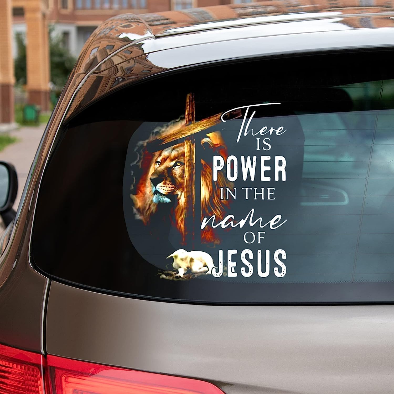 Jesus Lion of Judah Cross and Lamb There is Power in The Name of Jesus Transparent Vinyl Car Sticker