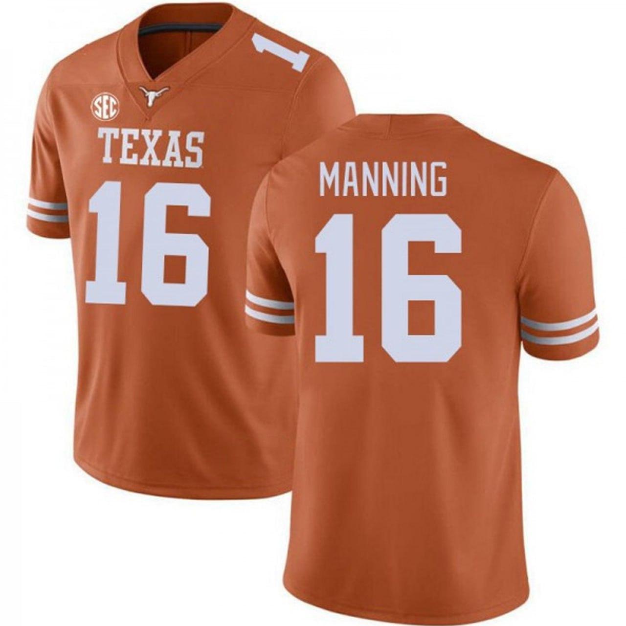 Texas Longhorns #16 Manning Jersey | Burnt Orange College Football Shirt | 2025 CFP Replica Game Day Tee | SEC Team Fan Apparel for Men Women