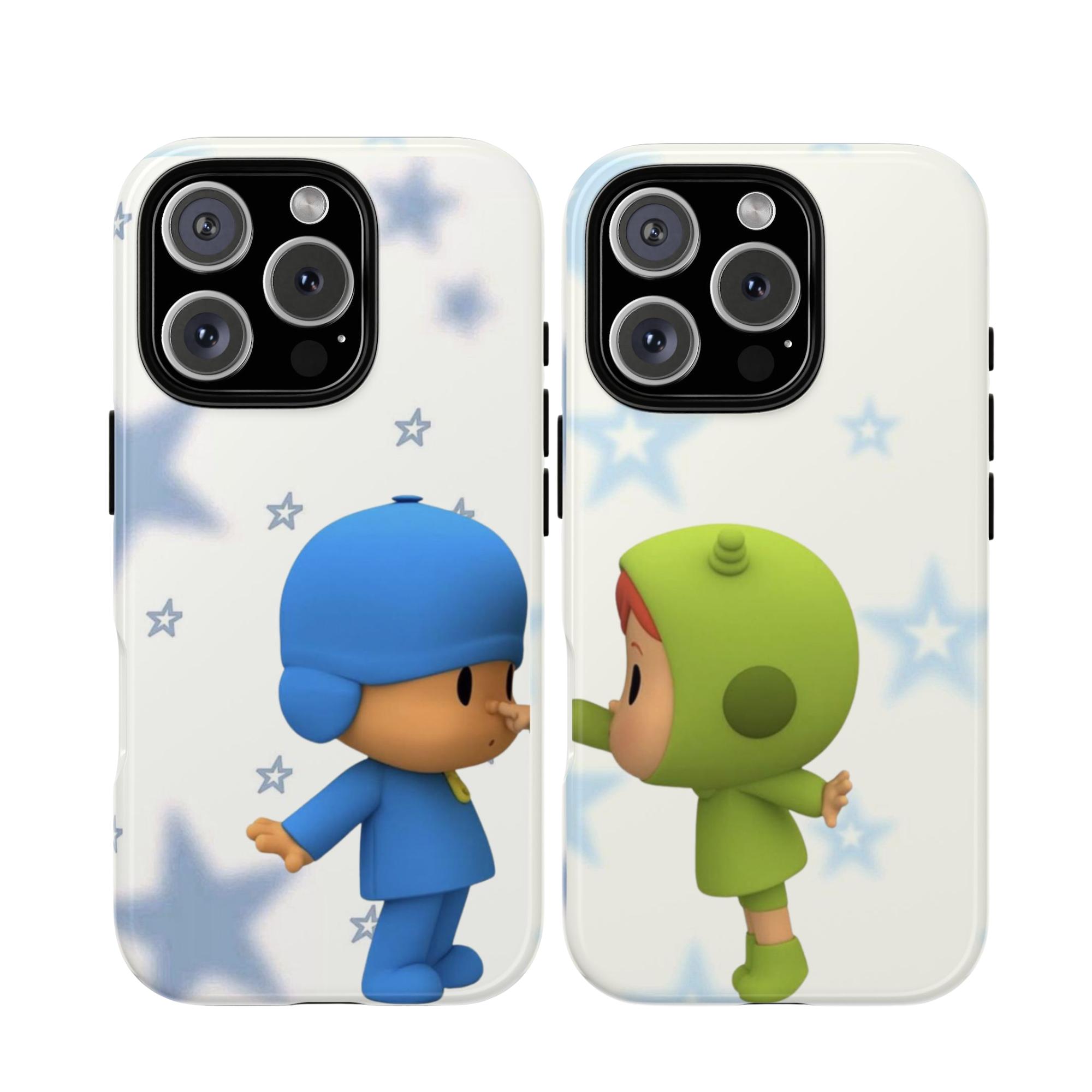 Matching Pocoyo Couple iPhone Case – Cute Romantic Love Heart Cartoon Cover – Aesthetic Protective Gift for Couples – Compatible with iPhone Models 15 14 13 12 11 Pro Max SE
