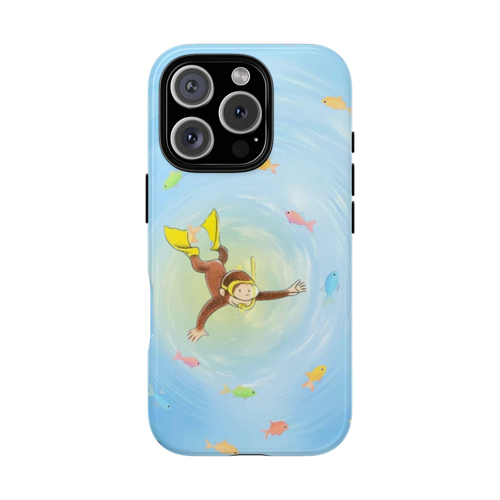 Curious Monkey Underwater Phone Case – Cute Cartoon Ocean Snorkeling Design – Fun Aesthetic Protective Cover – Compatible with iPhone 15 14 13 12 11 Pro Max Plus SE