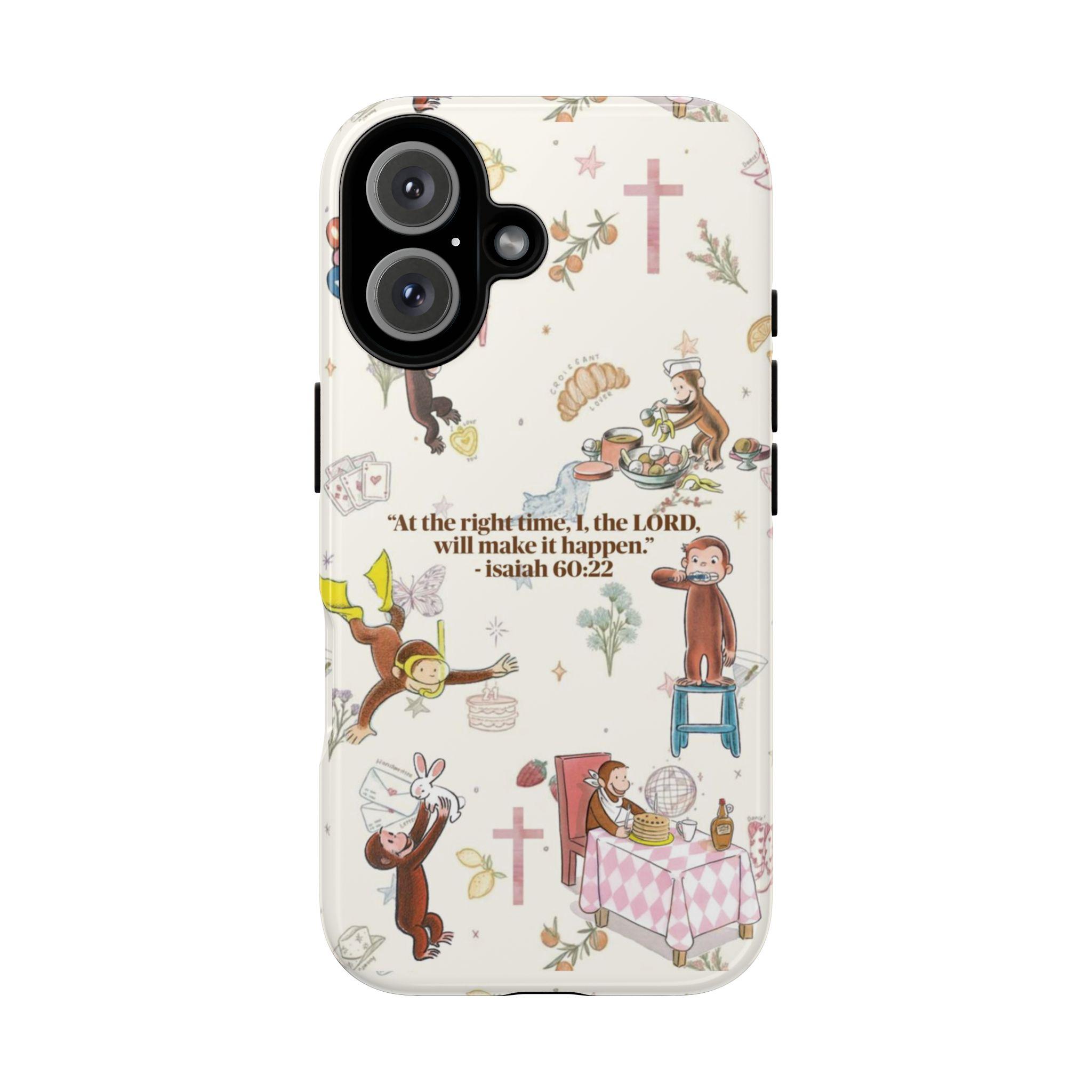 Vintage Curious George Bible Verse Phone Case – Cute Cartoon Monkey with Christian Cross, Protective Cover for iPhone 17 Pro Max 16 15 14 13 12 11 X, Samsung Galaxy S25 S24 S23 S22 S21