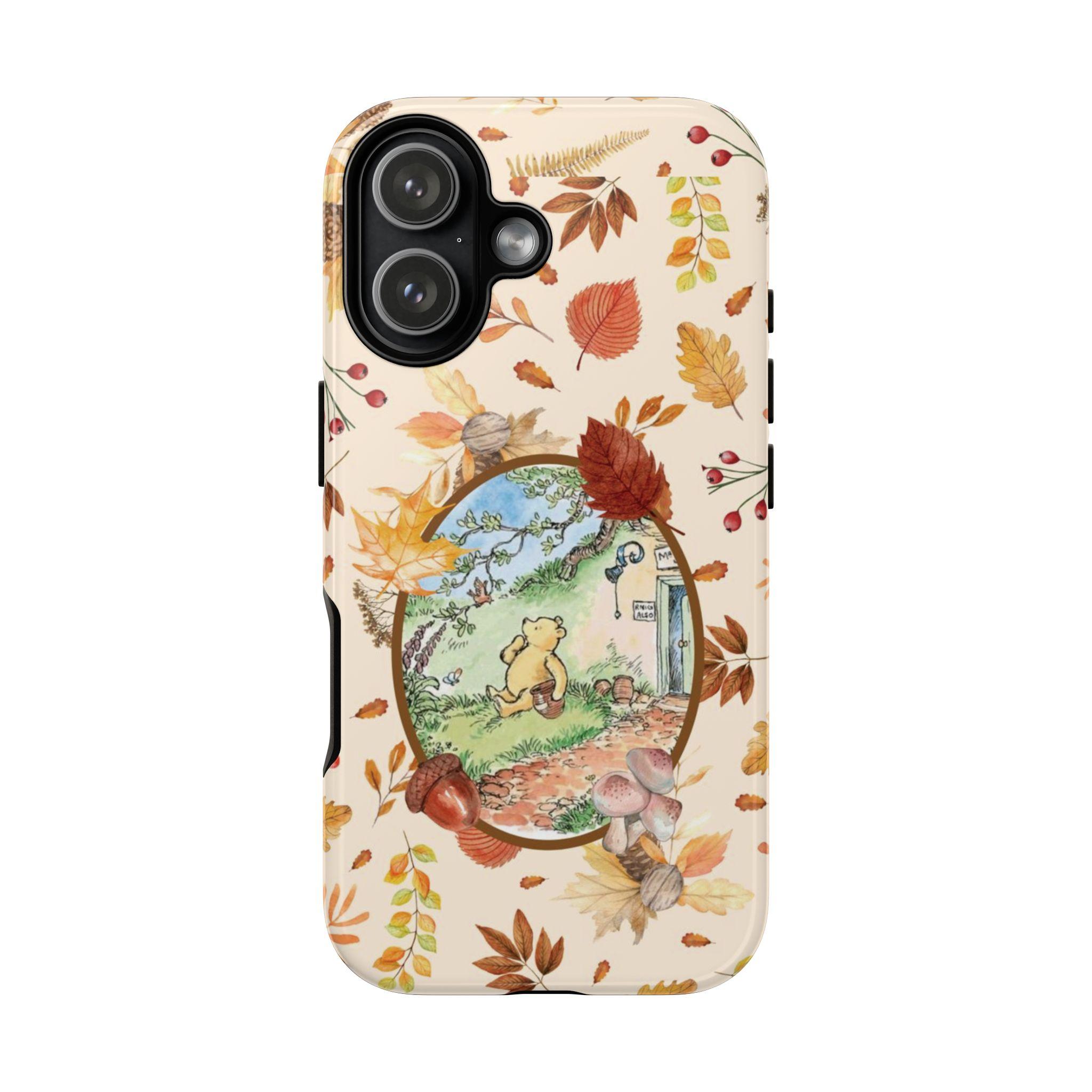 Autumn Winnie Bear Phone Case – Cute Fall Leaves Aesthetic Protective Cover for iPhone 17 Pro Max 16 Plus 15 14 13 12 11, Samsung Galaxy S25 S24 S23 S22 S21