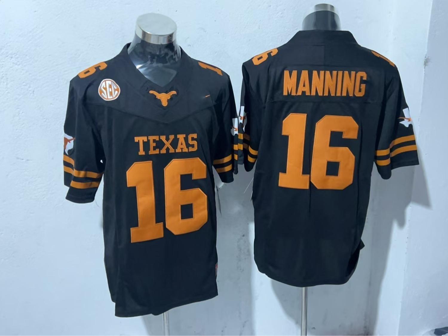 Texas Longhorns #16 Football Jersey Black Embroidered NCAA College Team Shirt, Custom Manning Jersey, Game Day Fan Gear 2025