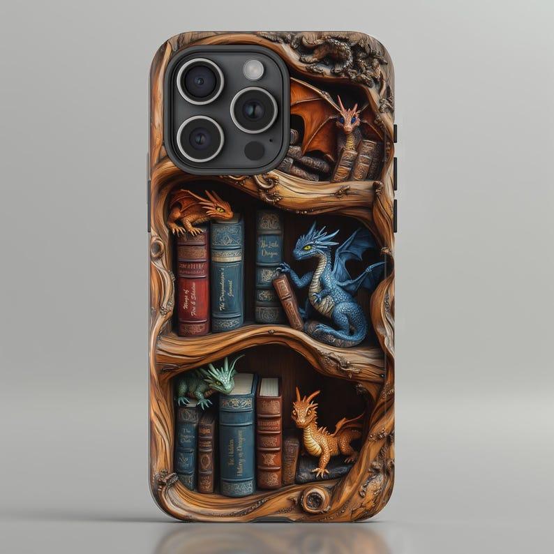 Bookish Dragon Bookshelf Phone Case, 3D wood Carved Illusion, Compatible with iPhone 13, 14, 15,16 & more & Samsung S24, S23, S22