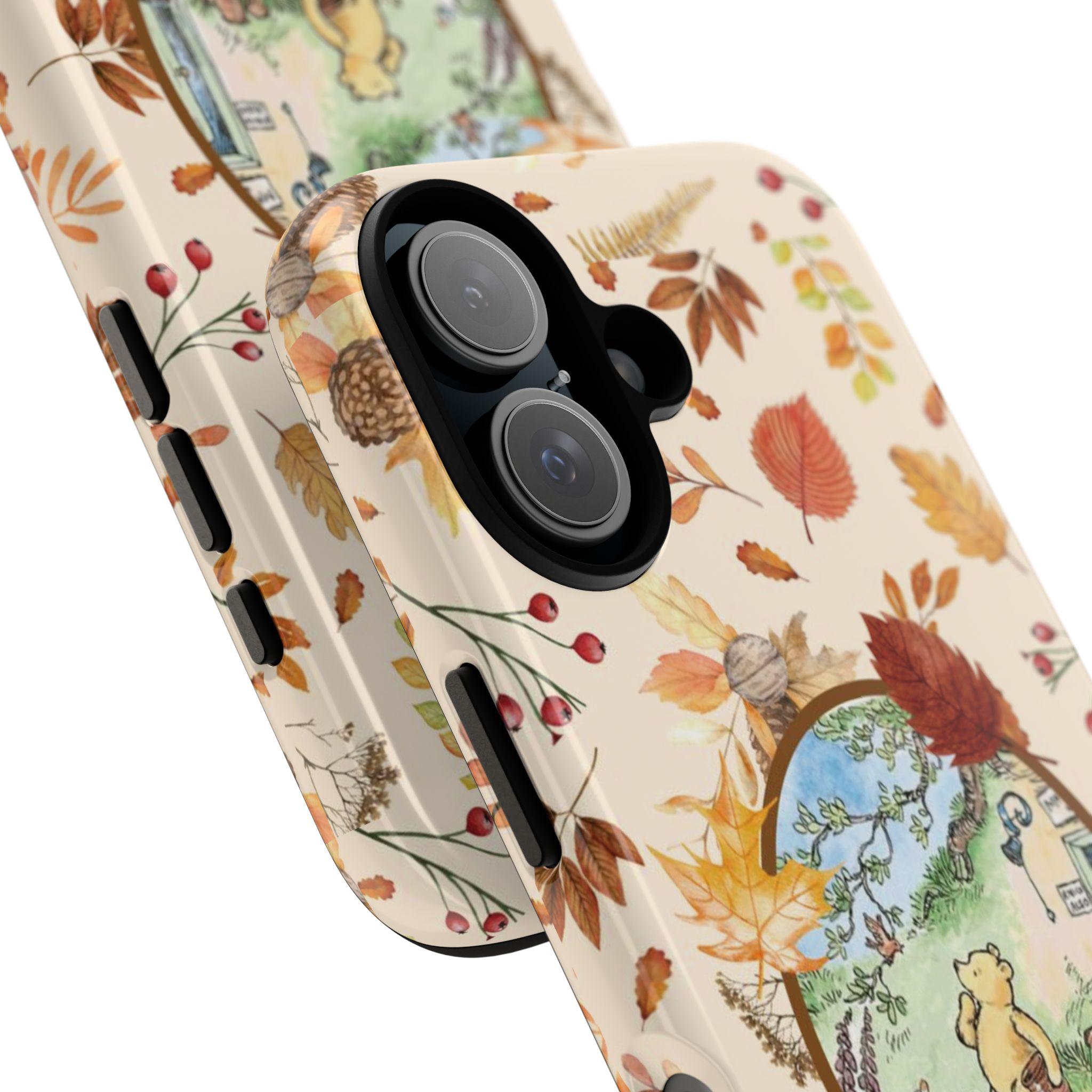 Autumn Winnie Bear Phone Case – Cute Fall Leaves Aesthetic Protective Cover for iPhone 17 Pro Max 16 Plus 15 14 13 12 11, Samsung Galaxy S25 S24 S23 S22 S21
