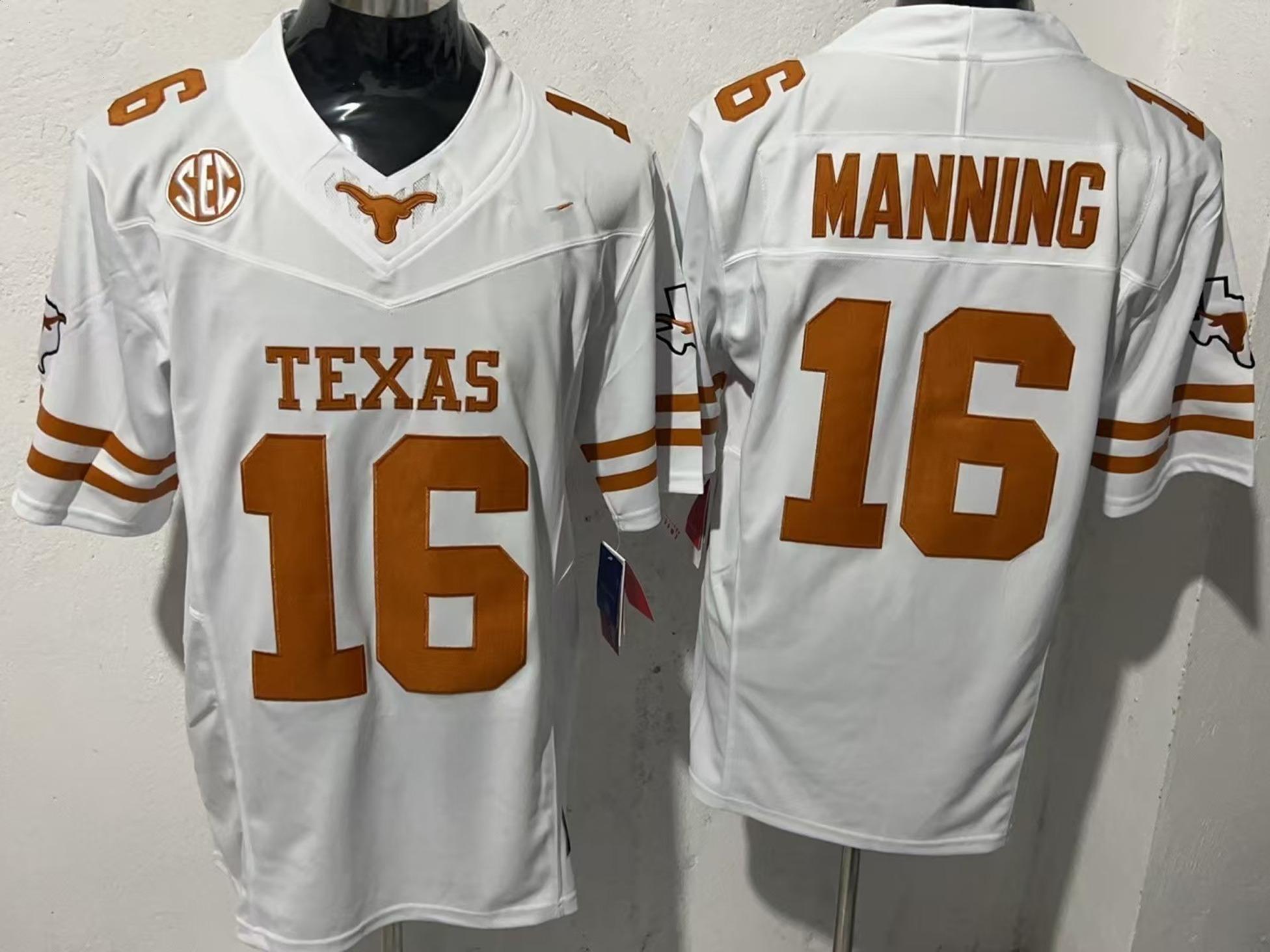 Texas Longhorns #16 Manning Football Jersey, NCAA College Team Stitched Uniform, Game Day Sports Fan Apparel Gift 2025 White